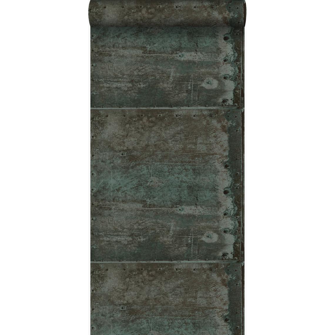 Origin - Origin papier peint grandes plaques métalliques rouillées, vieillies, altérées et touchées par les intempéries avec des rivets marron et bleu pétrole clair - 337226 - 53 cm x 10.05 m - Papier peint