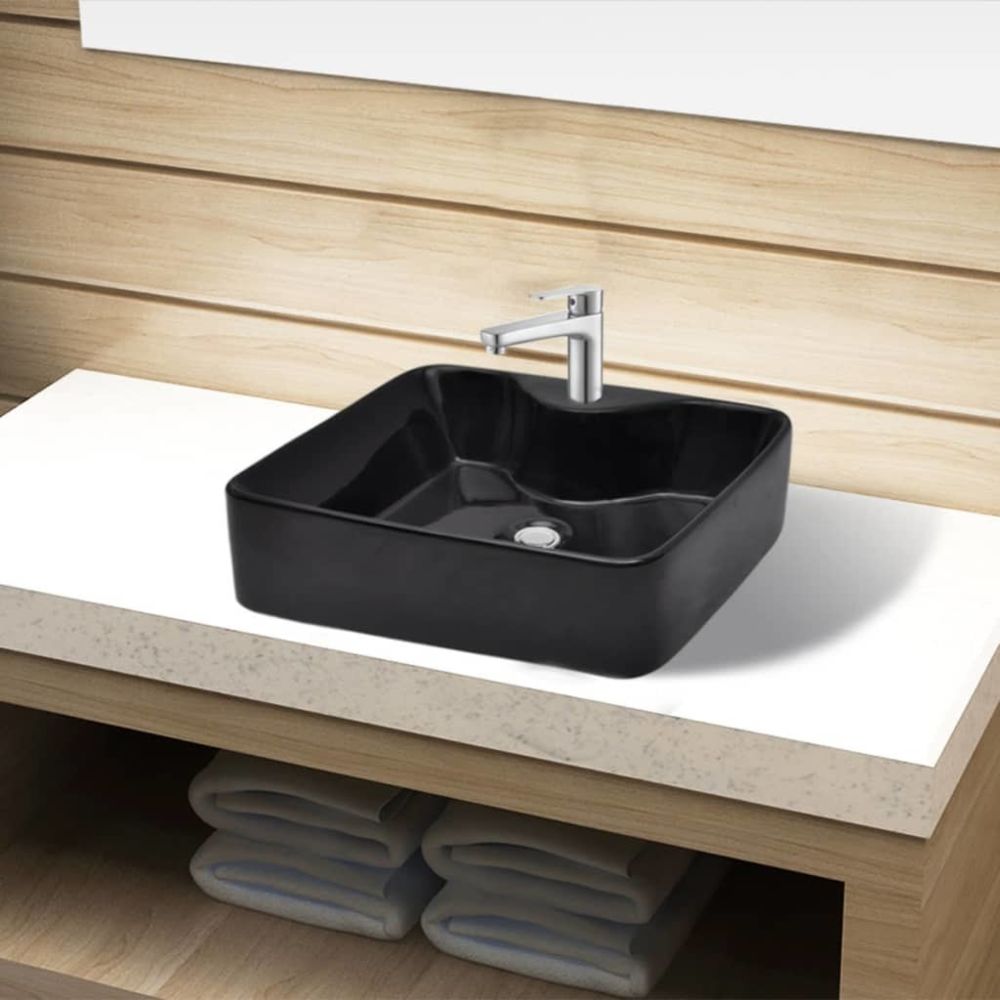 Uco - Vasque carrée à trou pour robinet céramique Noir pour salle de bain - Lavabo