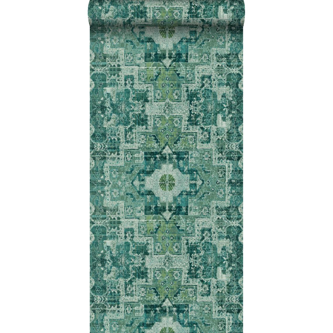 ESTAhome - ESTAhome papier peint tapis patchwork kilim oriental vert émeraude intense - 148659 - 53 cm x 10,05 m - Papier peint