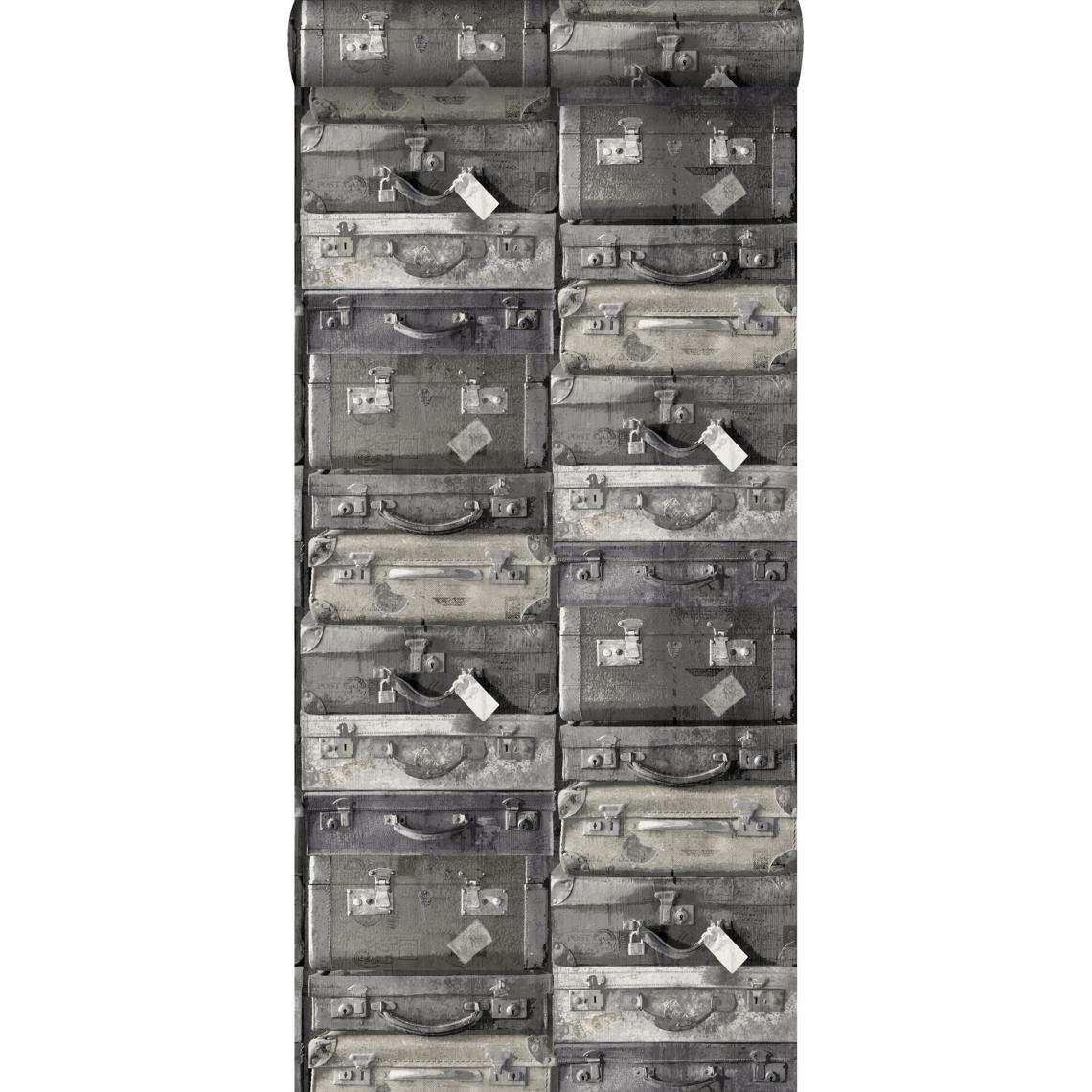 ESTAhome - ESTAhome papier peint valises vintage noir et gris - 138216 - 53 cm x 10,05 m - Papier peint