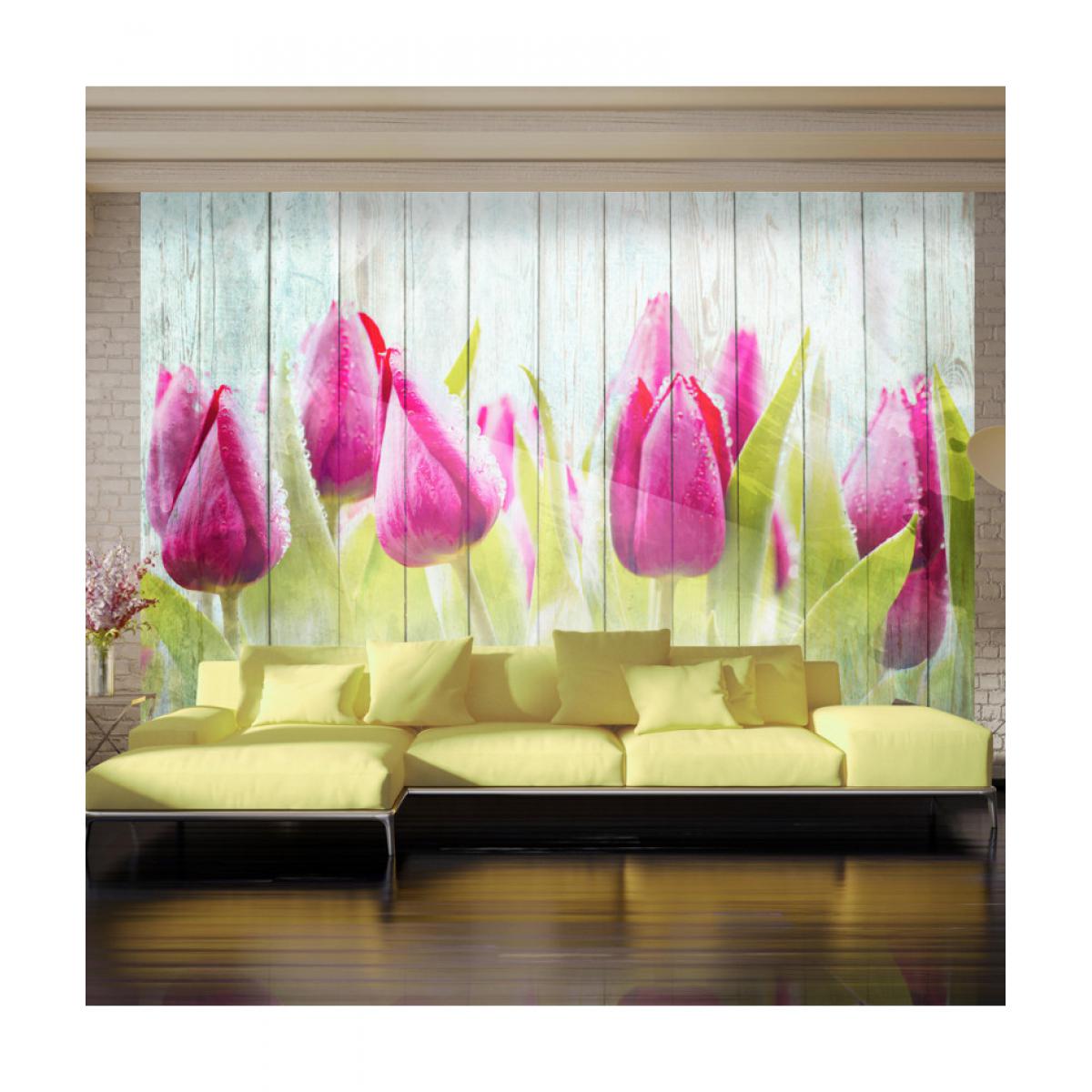 Artgeist - Papier peint - Tulips on white wood 250x175 - Papier peint