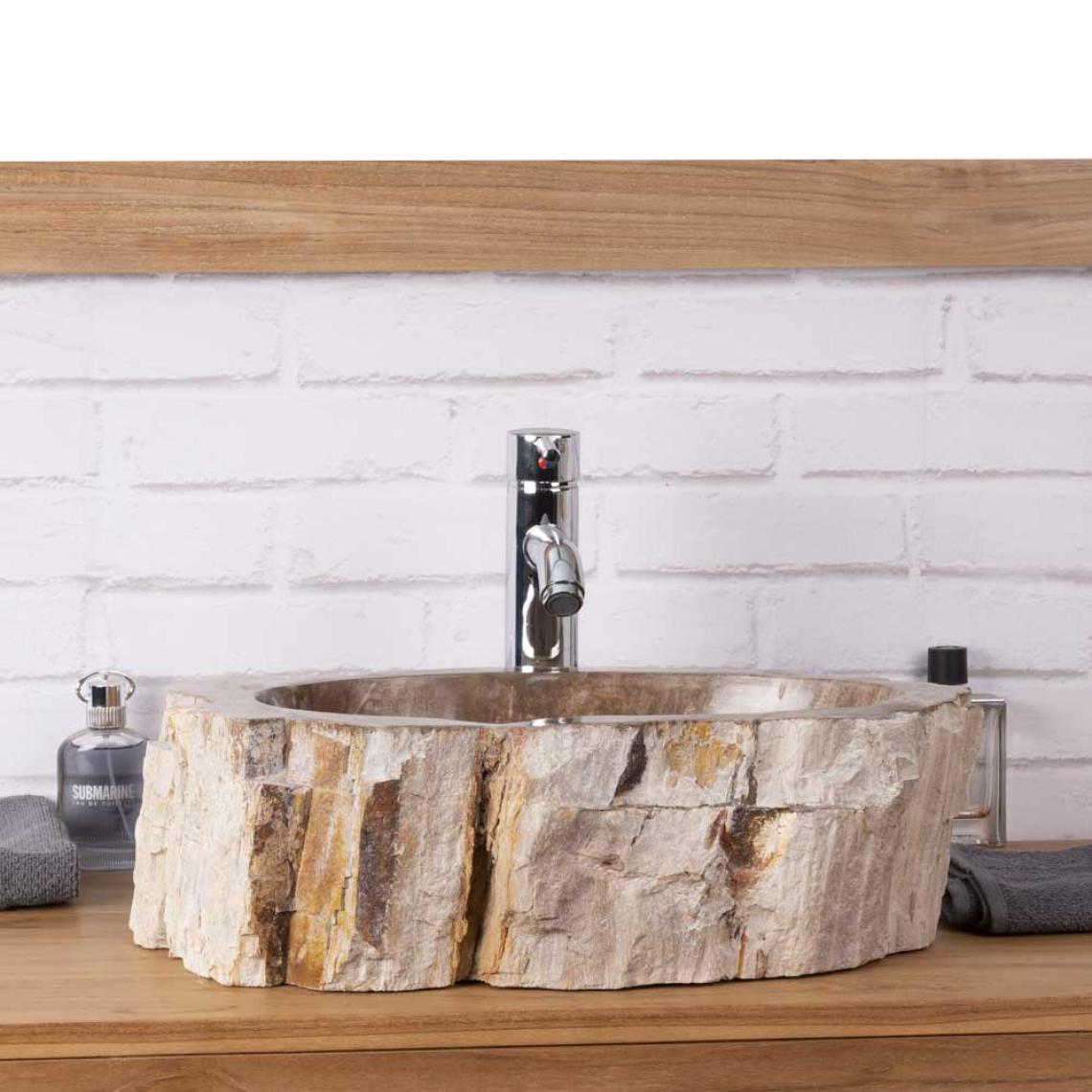 Wanda Collection - Vasque de salle de bain à poser en bois pétrifié fossilisé marron - Vasque