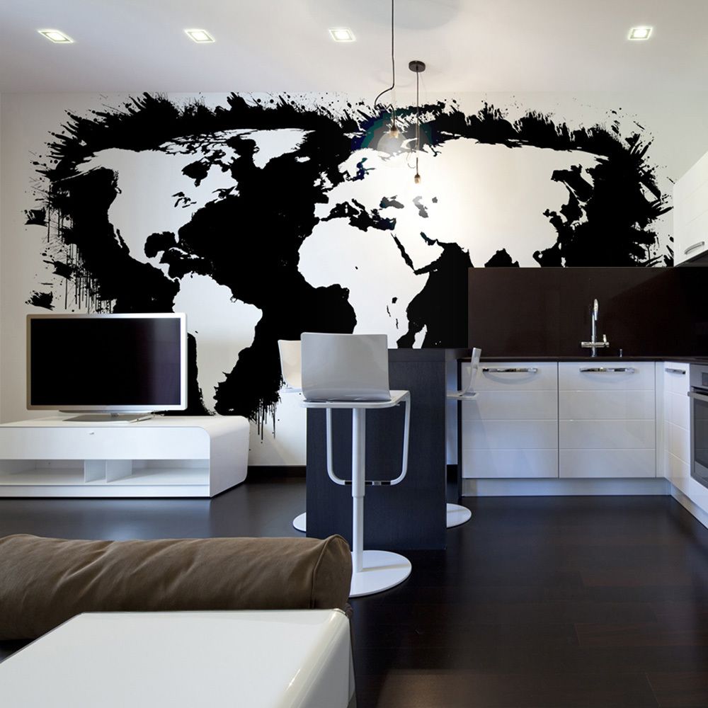 Bimago - Papier peint - White continents, black oceans... - Décoration, image, art | Carte du monde | 450x270 cm | XXl - Grand Format | - Papier peint