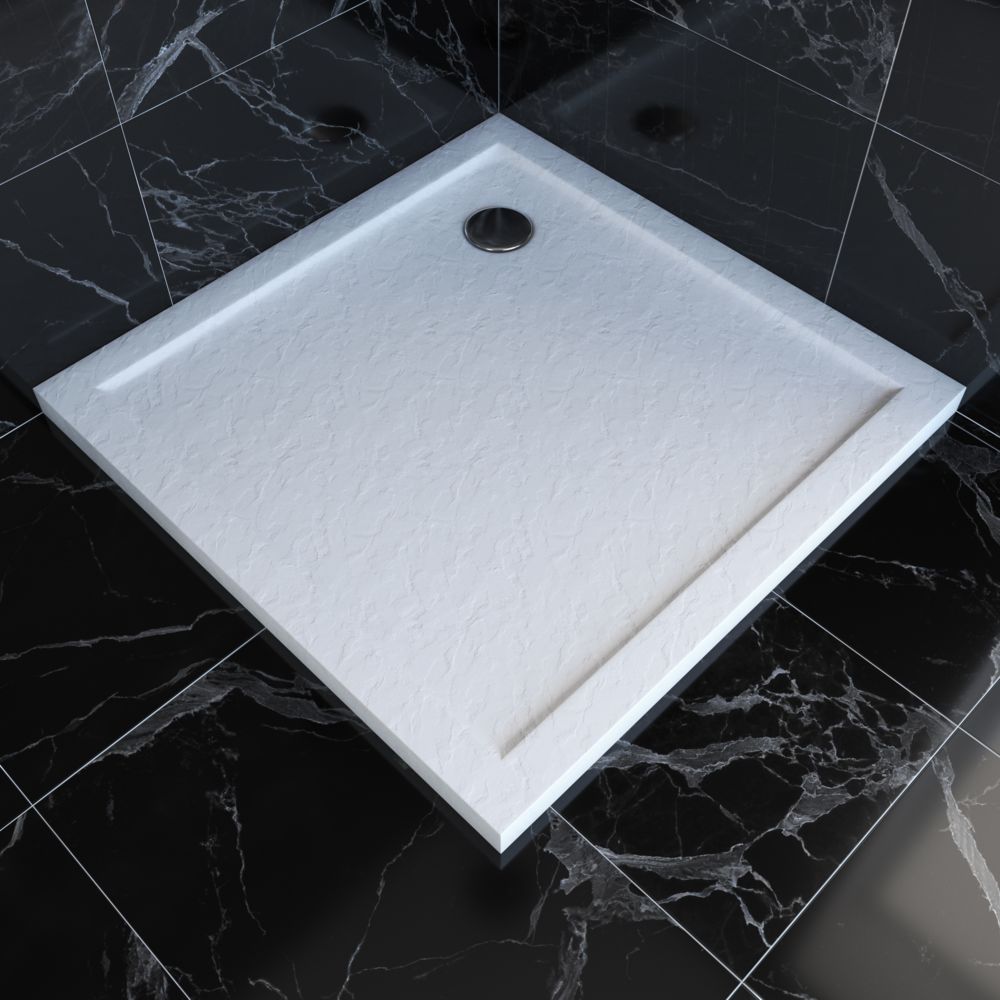 Aurlane - Receveur de douche à poser carré extra plat en acrylique renforcée blanc – finition pierre – 90x90cm - MOON SQUARE 90 - Receveur de douche