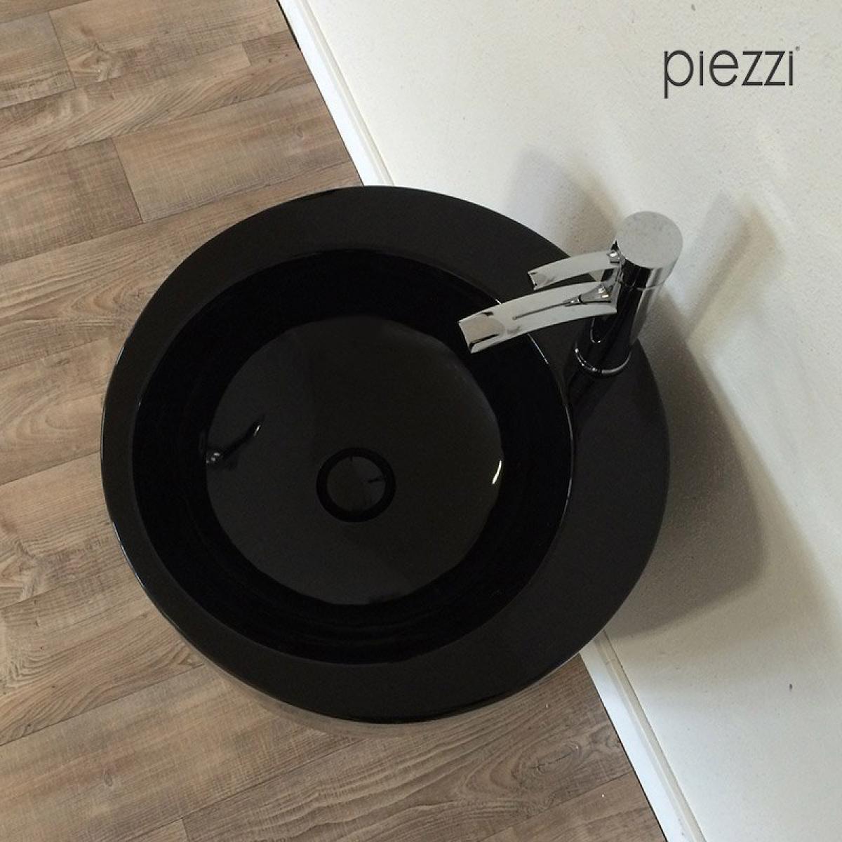 Piezzi - Bonde clic-clac pour vasque + cache rond en céramique noire - Bonde d'évier