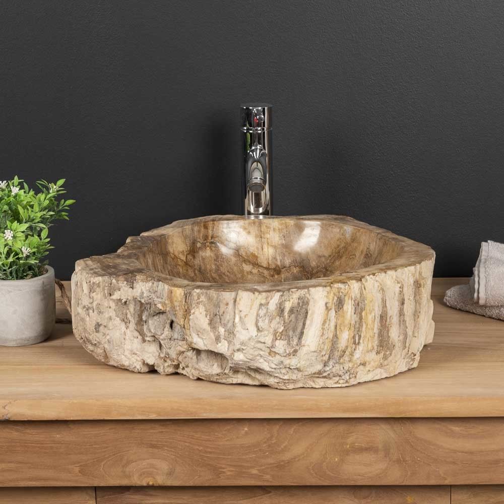 Wanda Collection - Vasque de salle de bain à poser en bois pétrifié fossilisé intérieur brun 45 CM - Vasque
