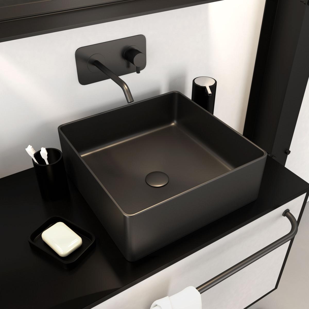 Aurlane - Vasque à poser rectangle en céramique noire - 40x40x14cm - SQUARISH DARK - Vasque