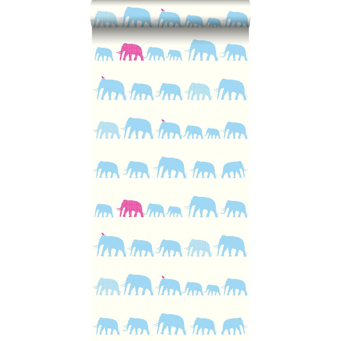 ESTAhome - ESTAhome papier peint éléphants turquoise et rose - 137329 - 53 cm x 10,05 m - Papier peint