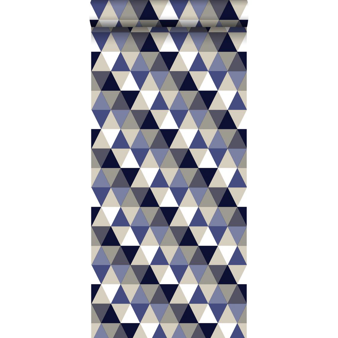 ESTAhome - ESTAhome papier peint triangles bleu foncé, gris et beige - 138716 - 53 cm x 10,05 m - Papier peint