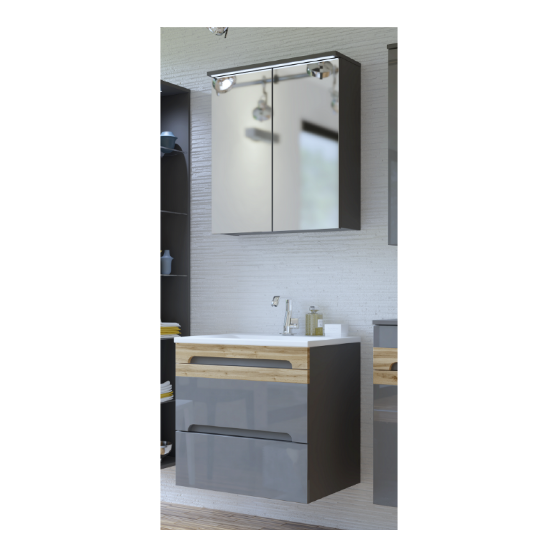 Ac-Deco - Ensemble meuble vasque + rangement miroir - LED - Gris - 60 cm - Galaxy Grafit - Vasque