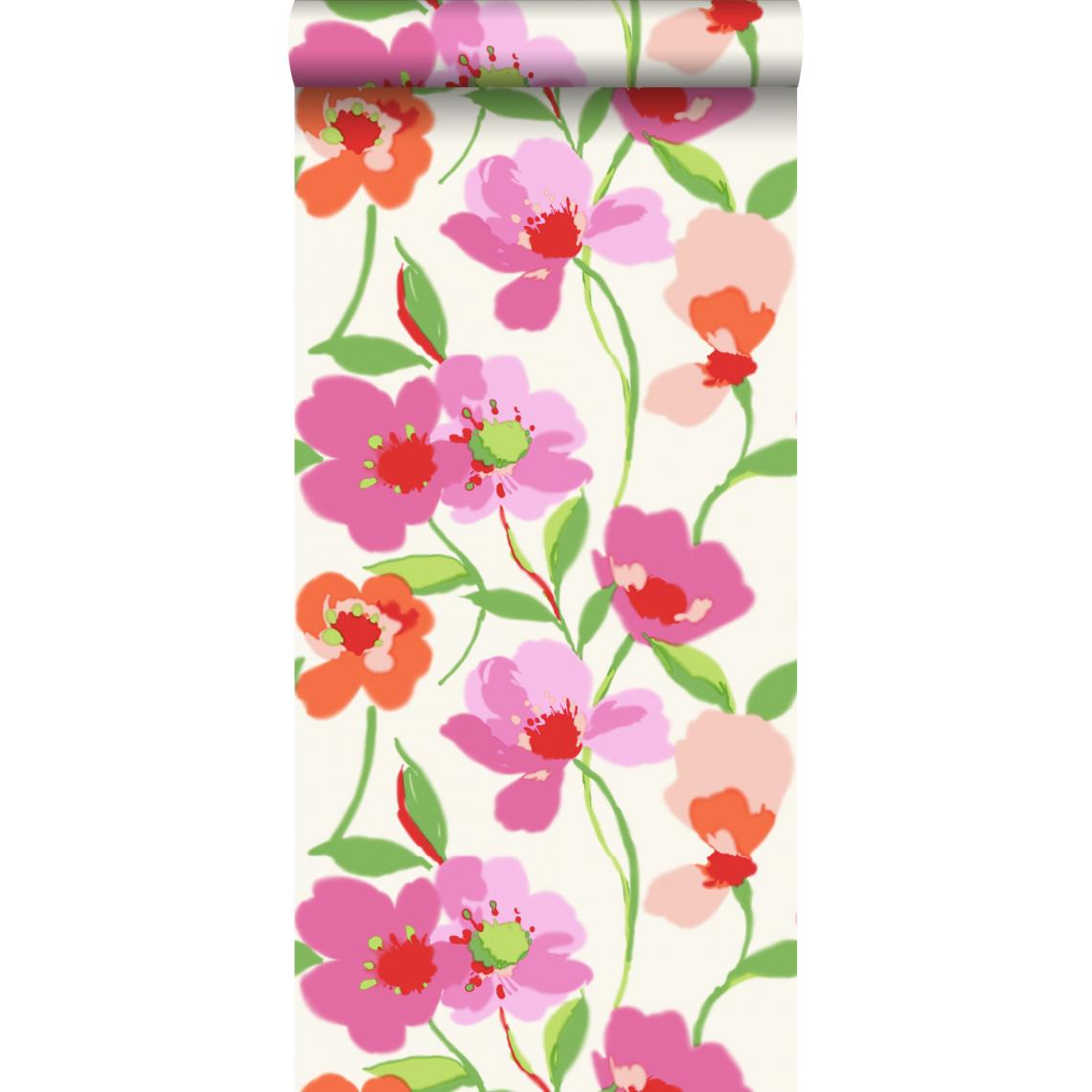 ESTAhome - ESTAhome papier peint coquelicots rose et orange - 128026 - 53 cm x 10,05 m - Papier peint