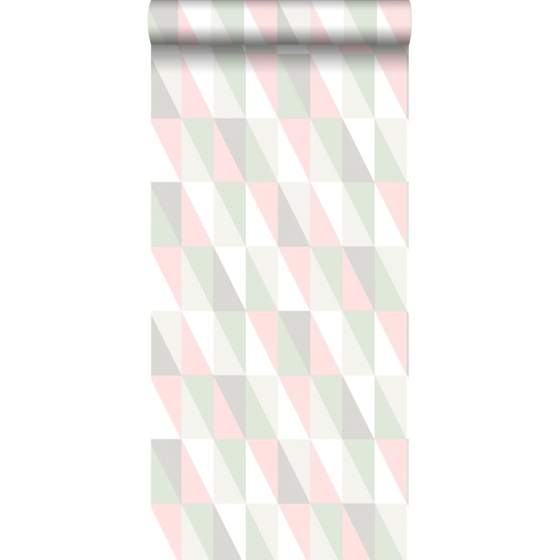 ESTAhome - ESTAhome papier peint triangles graphiques rose clair et vert menthe - 138919 - 53 cm x 10.05 m - Papier peint