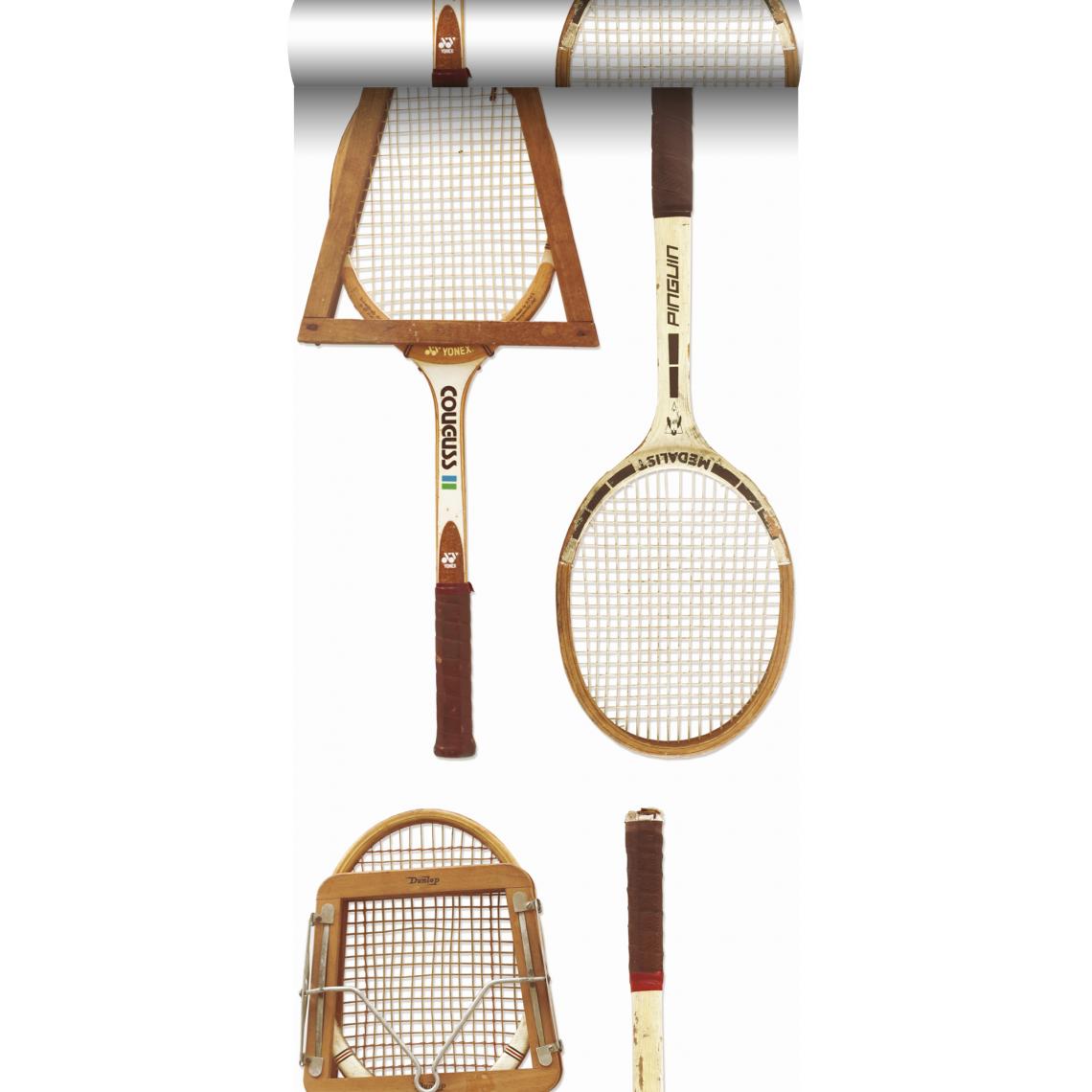 ESTAhome - ESTAhome papier peint intissé XXL raquettes de tennis vintage blanc, marron et beige - 158801 - 46.5 cm x 8.37 m - Papier peint