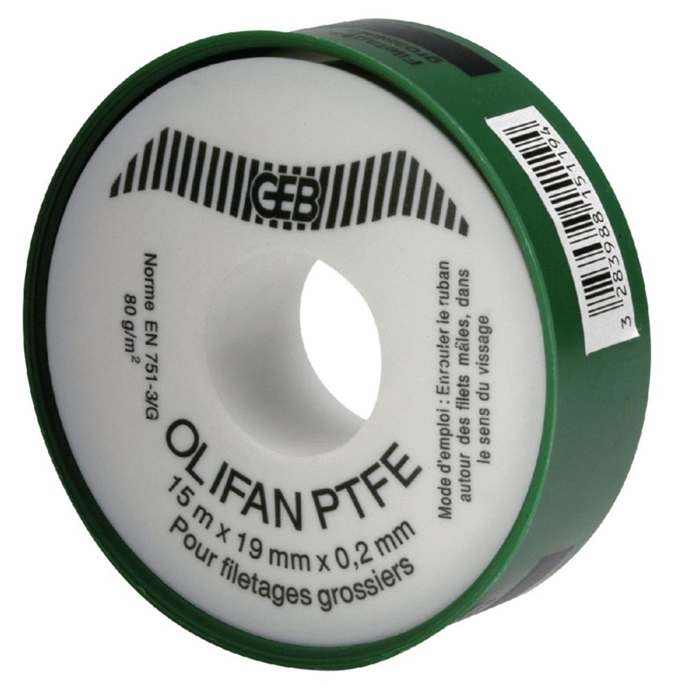 Geb - ruban téflon geb olifan - pour raccords spécial gros diamètres - 19 mm x 15 m x 0.2 mm - Mastic, silicone, joint