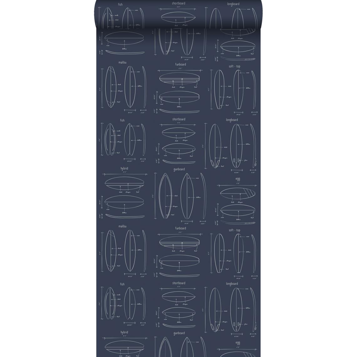 ESTAhome - ESTAhome papier peint dessins techniques de planches de surf bleu foncé - 128871 - 0.53 x 10.05 m - Papier peint