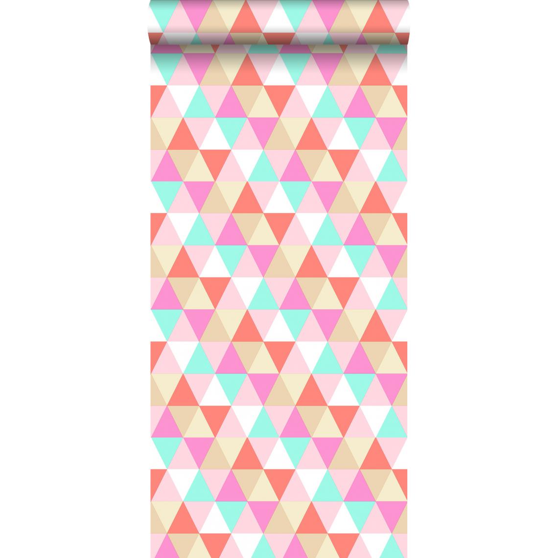 ESTAhome - ESTAhome papier peint triangles rose, turquoise et corail rouge - 138714 - 53 cm x 10,05 m - Papier peint