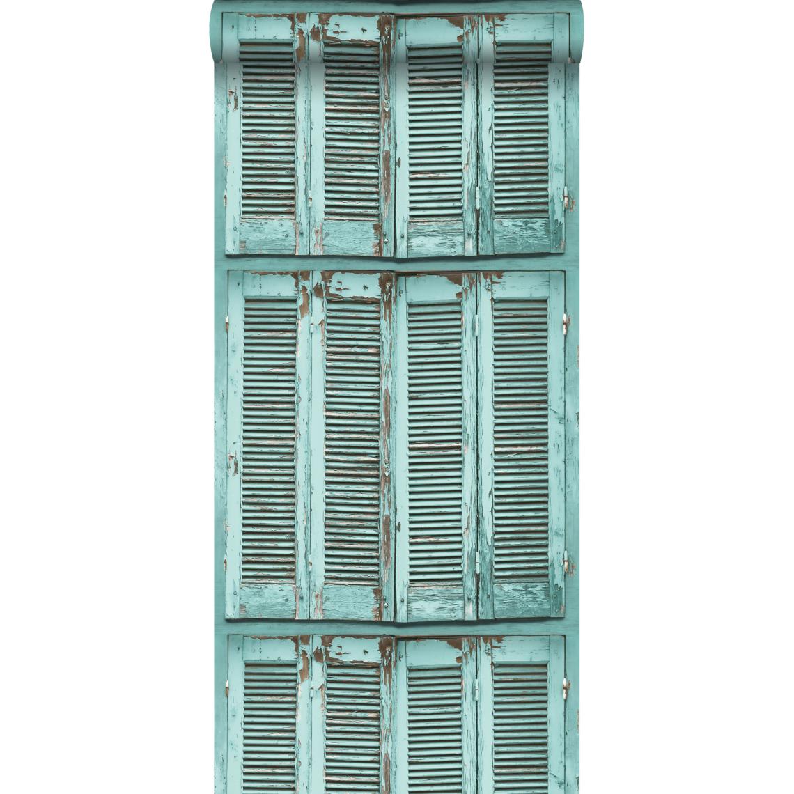 ESTAhome - ESTAhome papier peint persiennes altérées en bois rétro vintage turquoise grisé - 138884 - 53 cm x 10,05 m - Papier peint