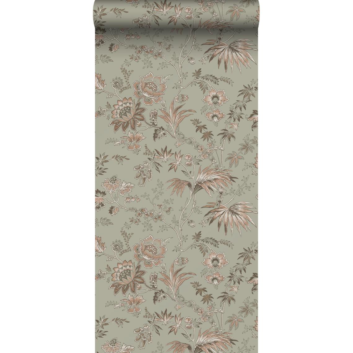 ESTAhome - ESTAhome papier peint fleurs vintage vert menthe grisé et rose clair - 139297 - 53 cm x 10,05 m - Papier peint
