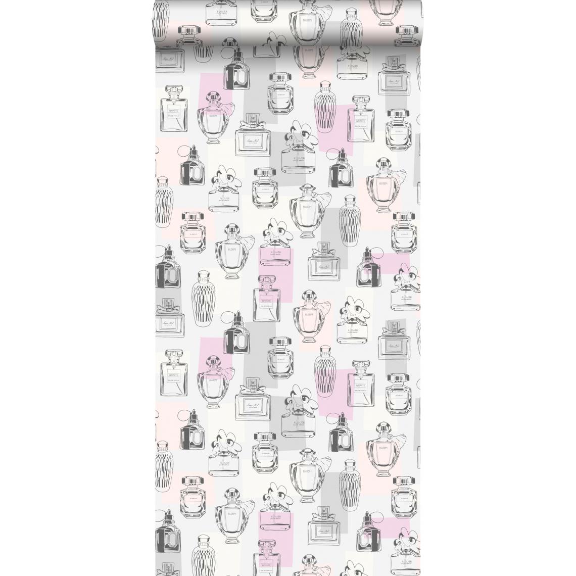 ESTAhome - ESTAhome papier peint bouteilles de parfum lilas violet, rose pêche clair, gris et blanc - 138856 - 0.53 x 10.05 m - Papier peint