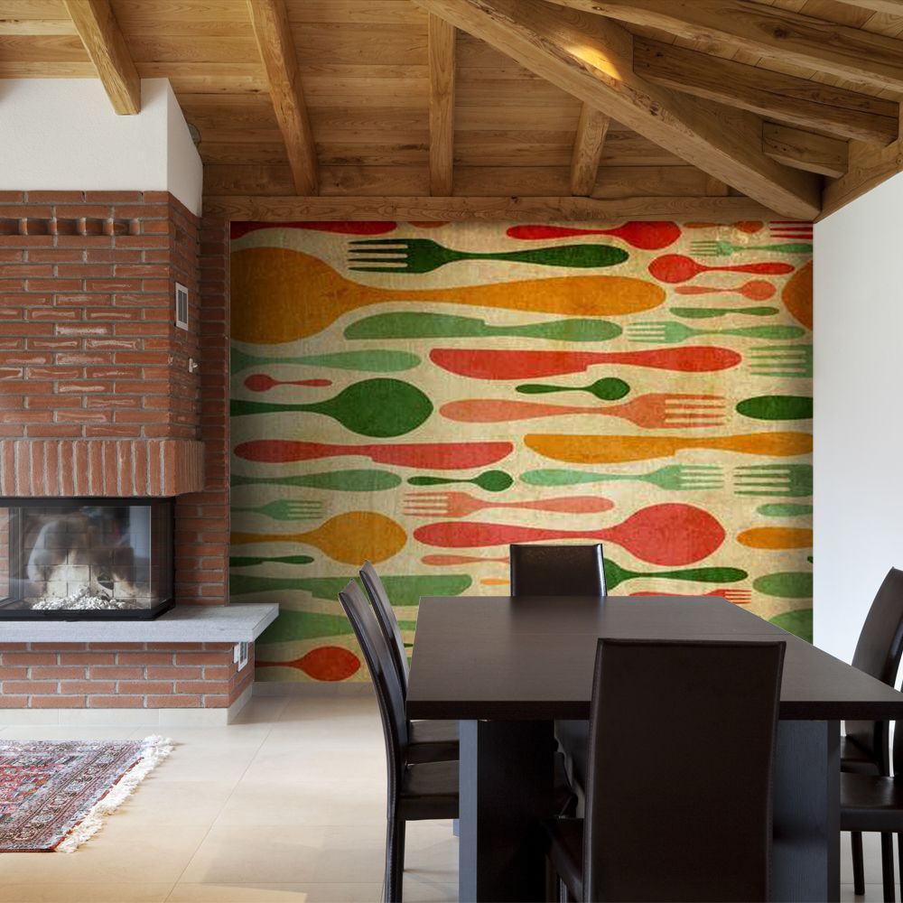 Bimago - Papier peint - Couverts en vert et orange - Décoration, image, art | Motifs de cuisine | - Papier peint