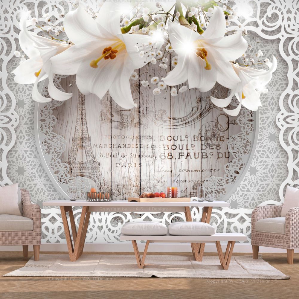 Artgeist - Papier peint - Lilies and Wooden Background 150x105 - Papier peint