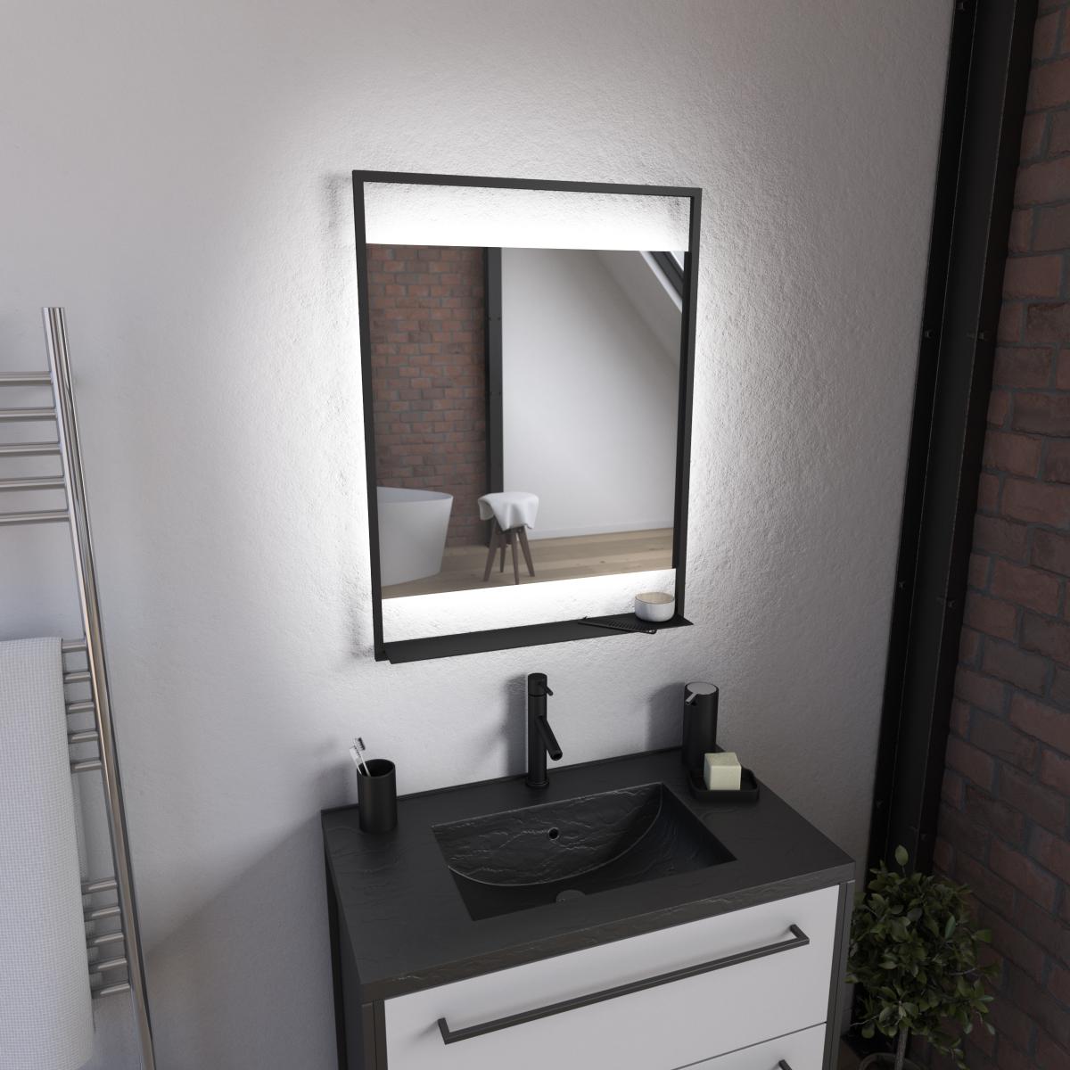 Aurlane - Miroir salle de bain LED auto-éclairant 60x80cm - laqué noir mat - FRAMED MIRROR LED - Miroir de salle de bain