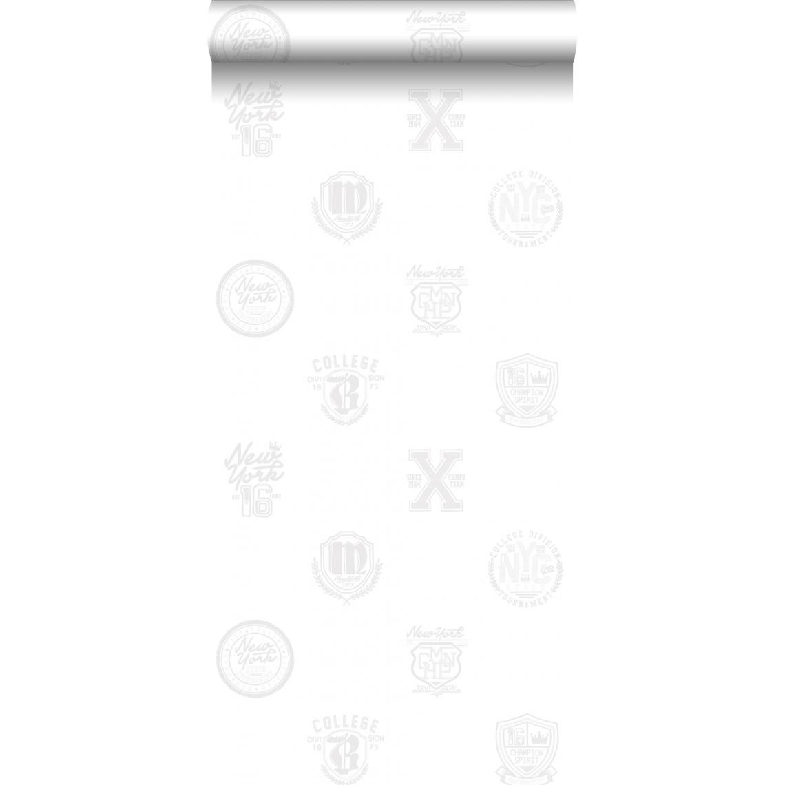 ESTAhome - ESTAhome papier peint emblèmes scolaires argent sur blanc - 128805 - 53 cm x 10.05 m - Papier peint