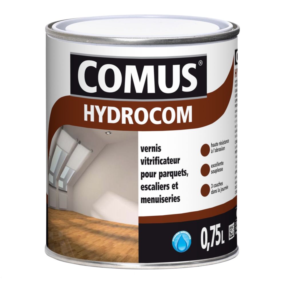 Comus - HYDROCOM BRILLANT - Incolore 0,75L - Vitrificateur polyuréthane acrylique mono-composant pour parquets, escaliers et boiseries - COMUS - Produit de réparation pour parquet
