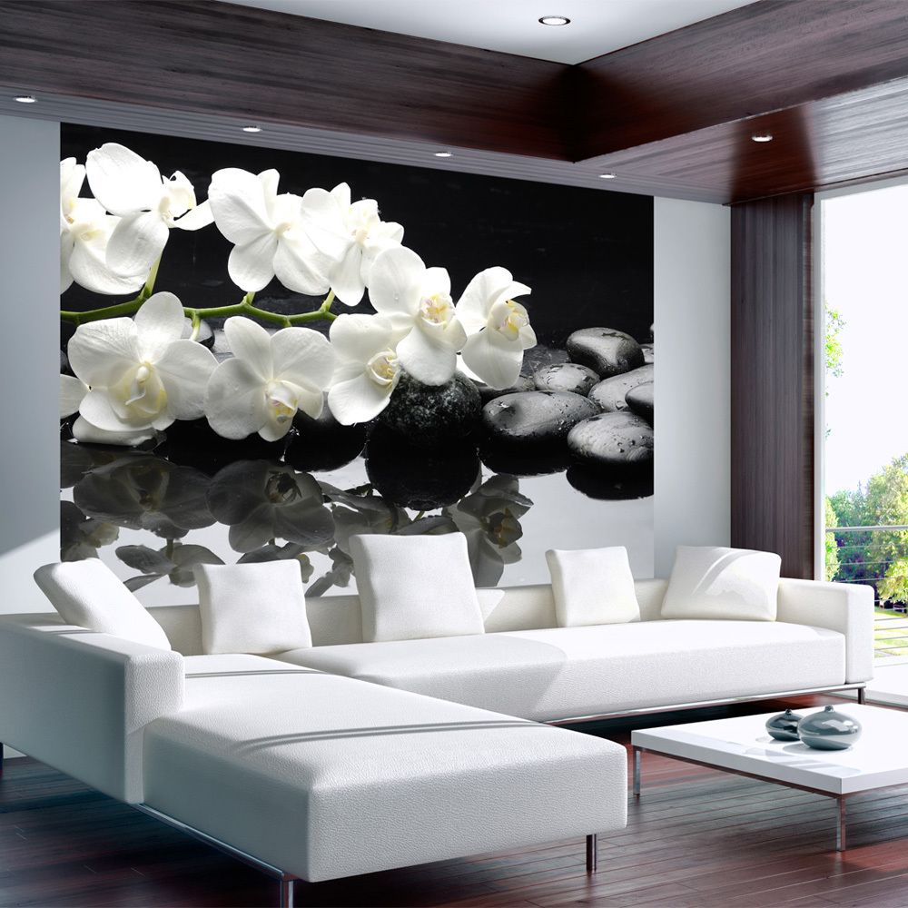 Bimago - Papier peint | Spa, pierres et orchidée | 350x270 | Fleurs | Orchidées | - Papier peint