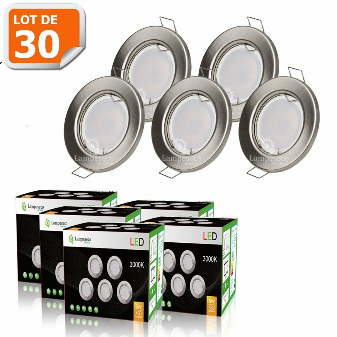 Lampesecoenergie - LOT DE 30 SPOT LED ENCASTRABLE COMPLETE RONDE FIXE ALU BROSSE eq. 50W BLANC CHAUD - Boîtes d'encastrement