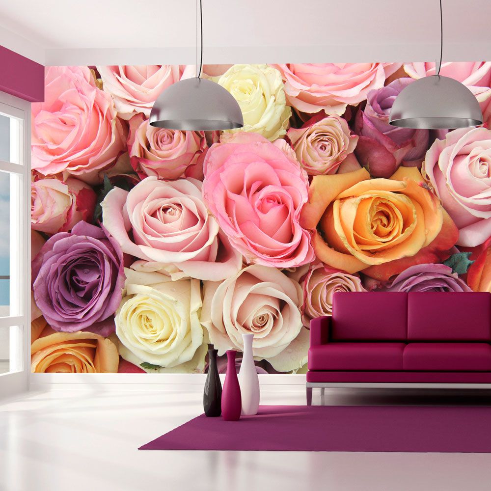 Bimago - Papier peint - Roses pastels - Décoration, image, art | Fleurs | Roses | 450x270 cm | XXl - Grand Format | - Papier peint