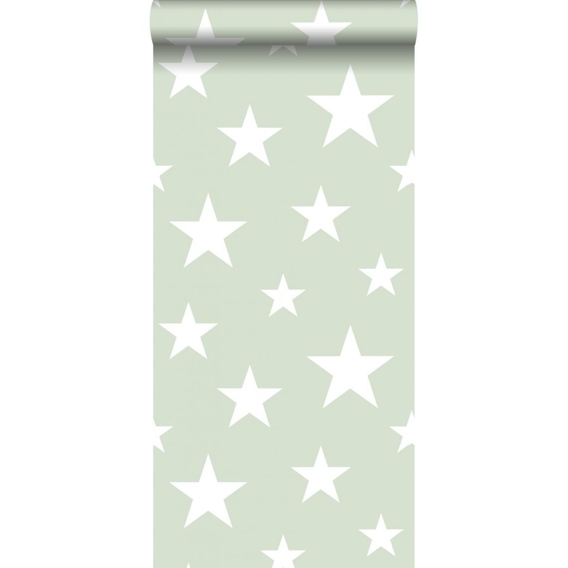 ESTAhome - ESTAhome papier peint grandes et petites étoiles vert menthe et blanc - 128865 - 53 cm x 10.05 m - Papier peint