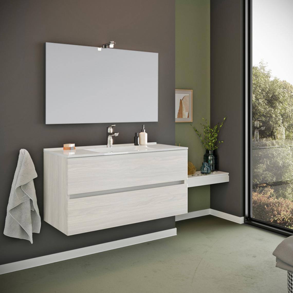 Arati Bath And Shower - Meuble de salle de bain base suspendue 2 tiroirs miroir lampe LED évier céramique Storsjon Gris - Lavabo