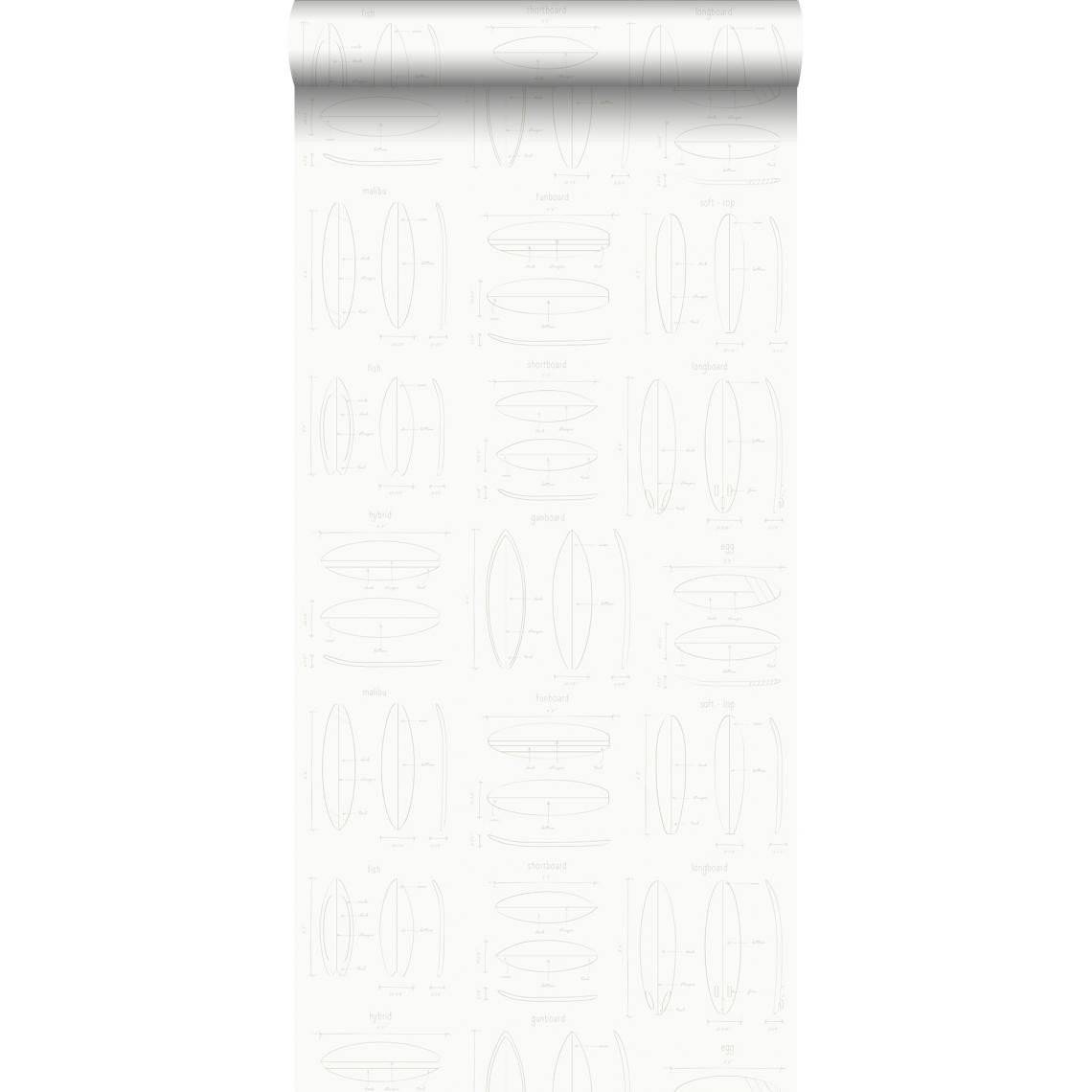 ESTAhome - ESTAhome papier peint dessins techniques de planches de surf blanc et argent - 128869 - 0.53 x 10.05 m - Papier peint