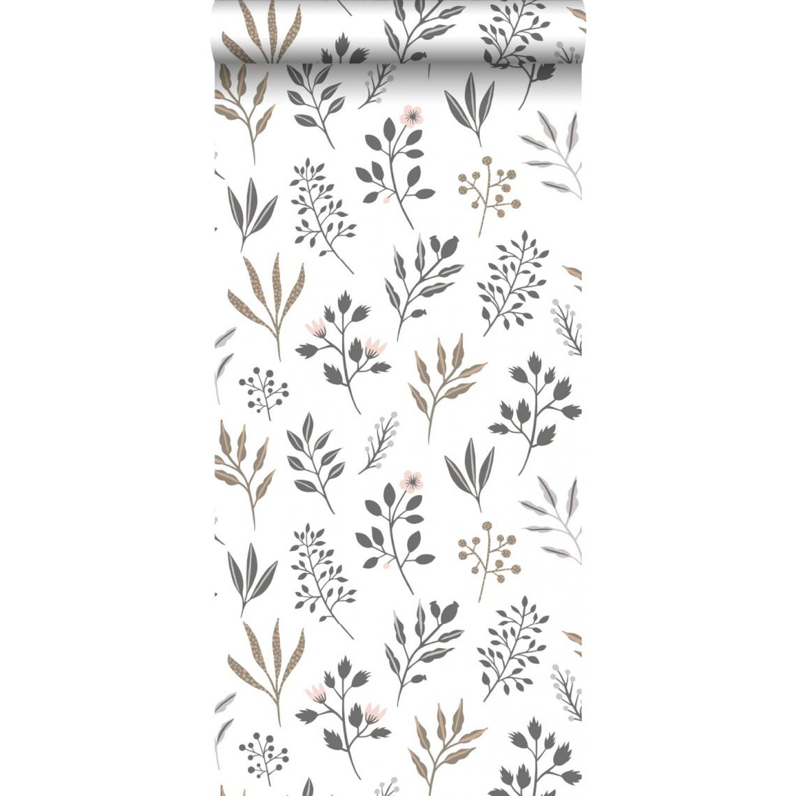 ESTAhome - ESTAhome papier peint fleurs au style scandinave blanc, gris et rose - 139081 - 0.53 x 10.05 m - Papier peint