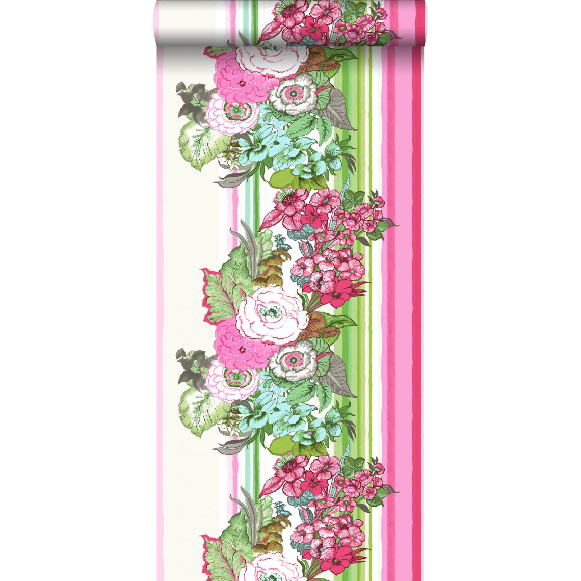 ESTAhome - ESTAhome papier peint fleurs vintage rose et vert citron - 138115 - 53 cm x 10,05 m - Papier peint