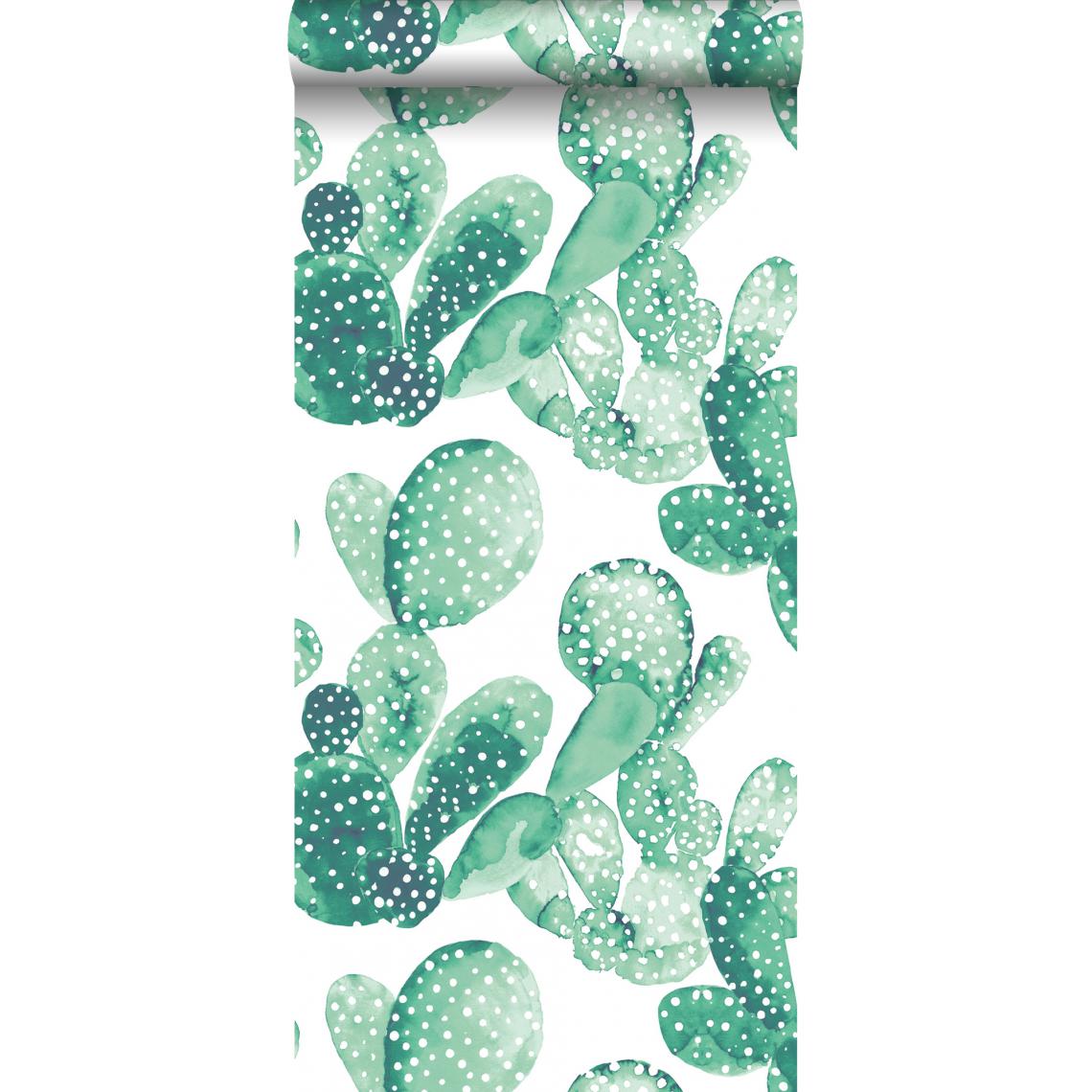 ESTAhome - ESTAhome papier peint cactus peint à l'aquarelle vert émeraude intense - 138903 - 53 cm x 10,05 m - Papier peint