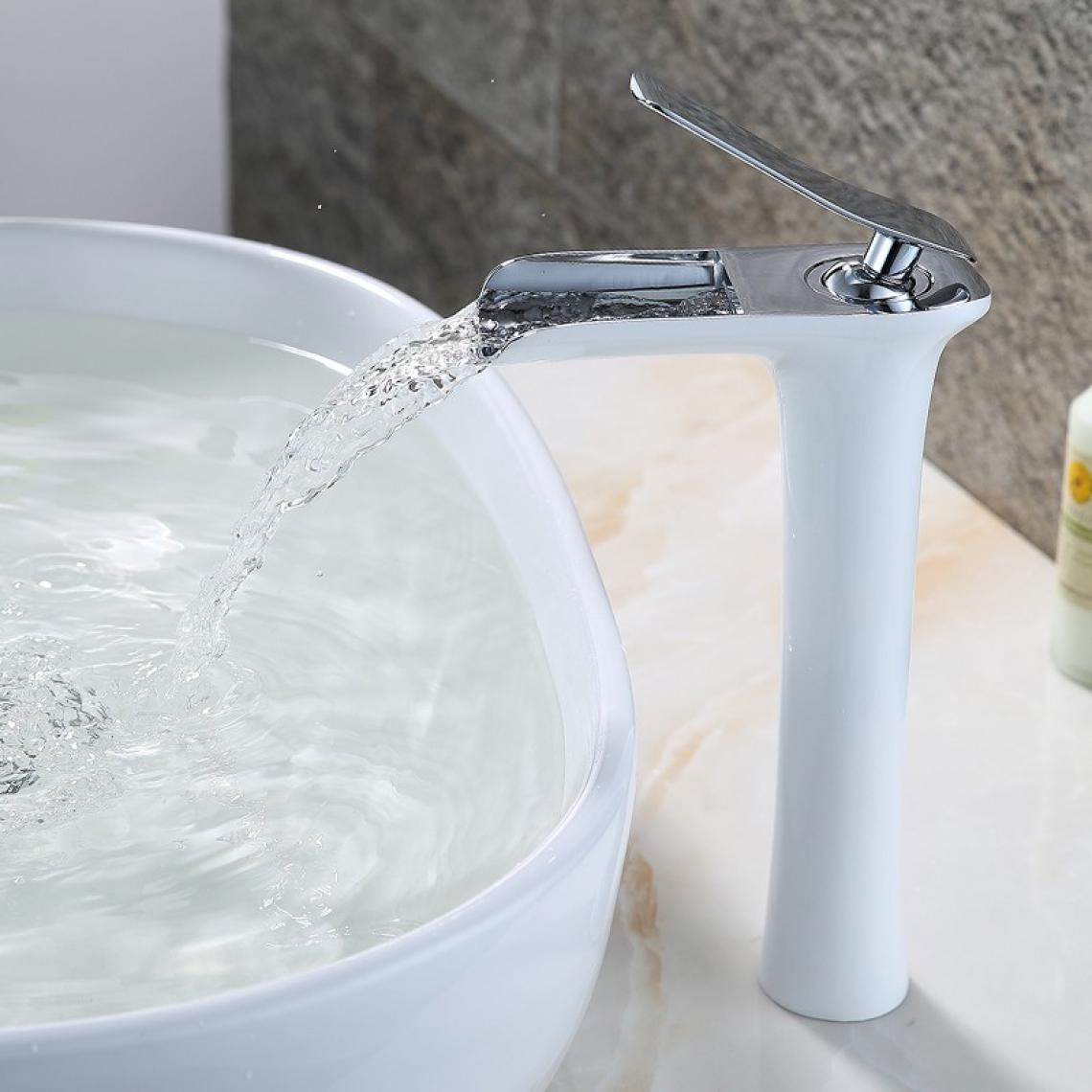 Kroos - Robinet lavabo surélevé sophistiqué avec bec en cascade Blanc Chromé - Robinet de lavabo