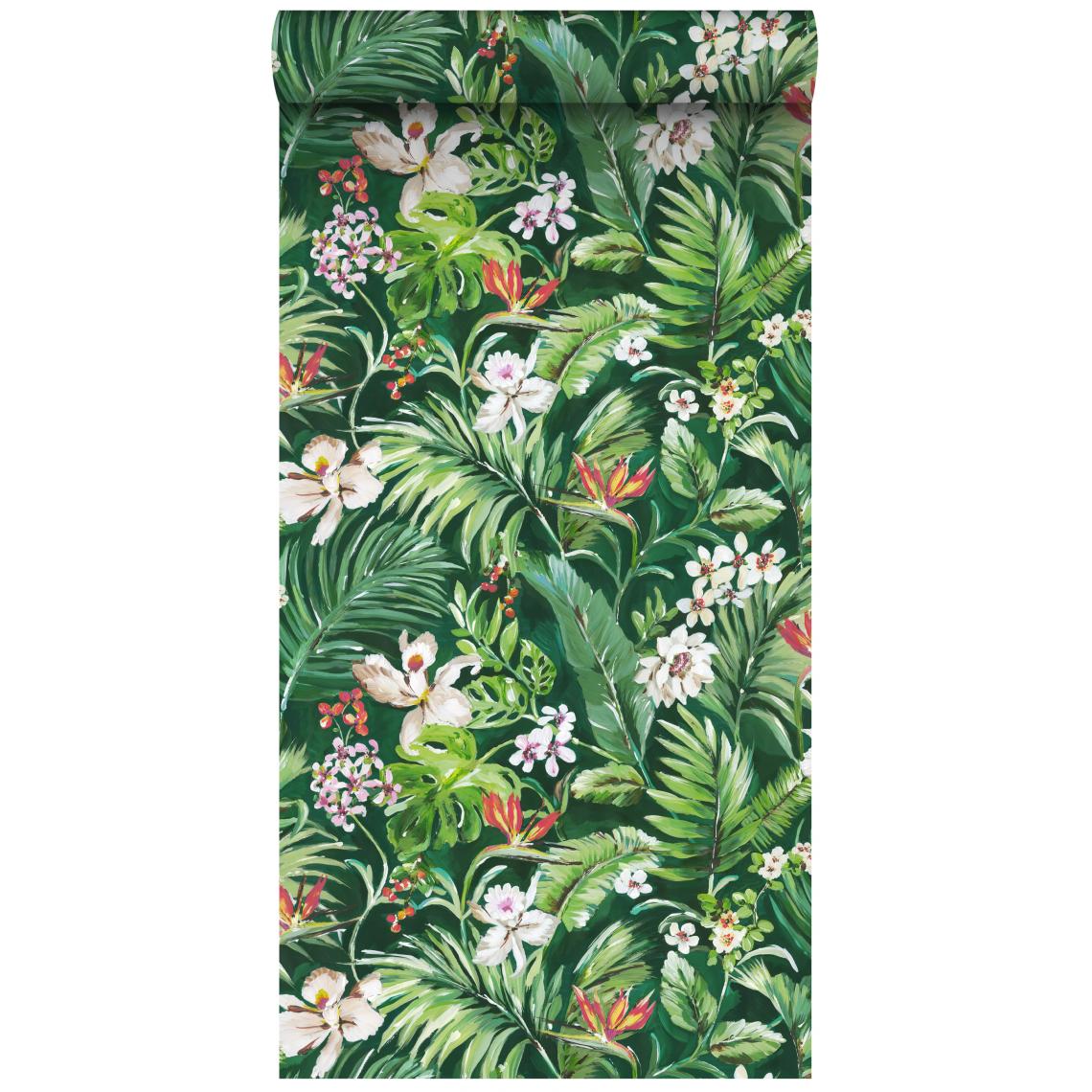 ESTAhome - ESTAhome papier peint intissé XXL feuilles et fleurs tropicales vert émeraude - 158893 - 0.465 x 8.37 m - Papier peint