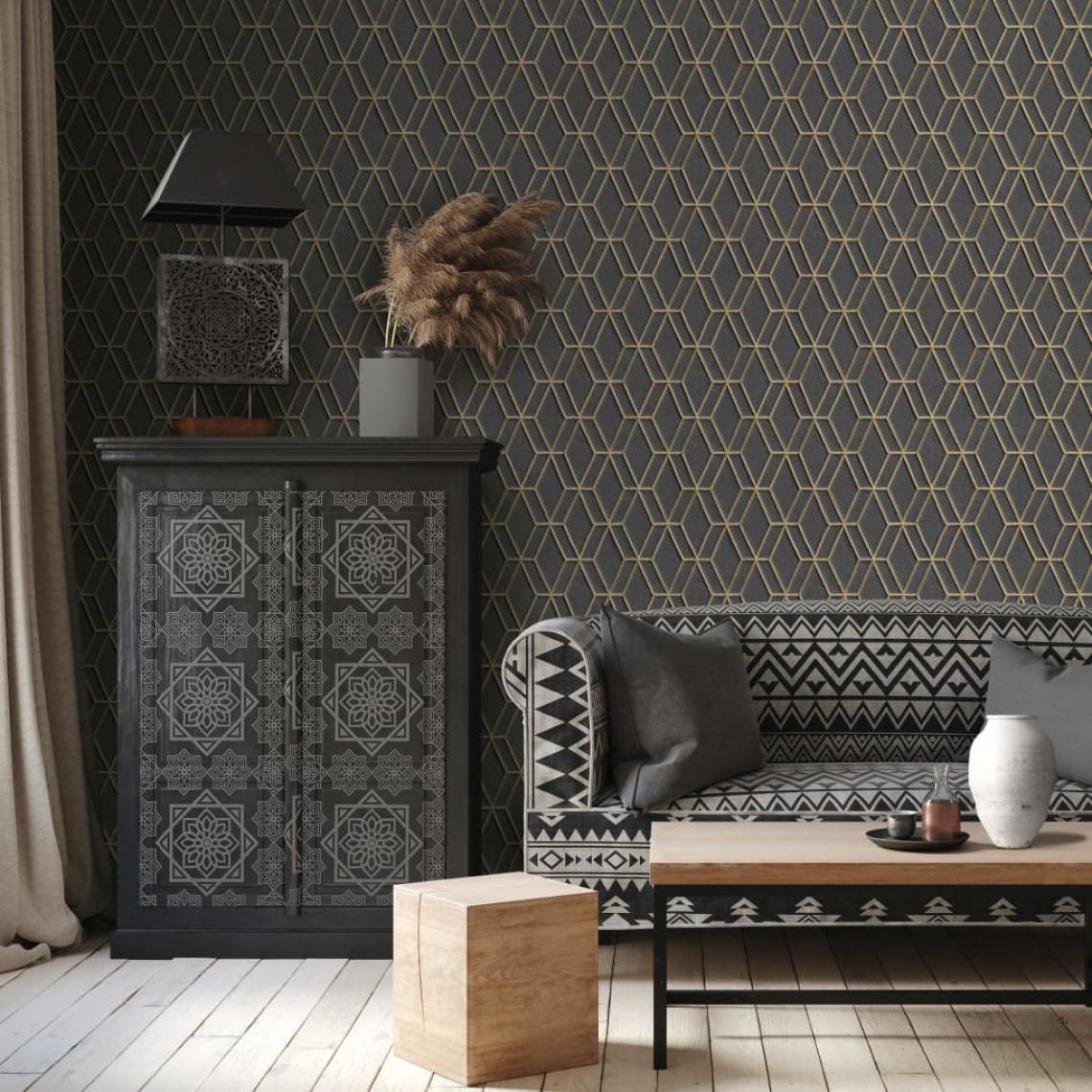 Dutch Wallcoverings - DUTCH WALLCOVERINGS Papier peint avec motif hexagonal Noir et doré - Papier peint