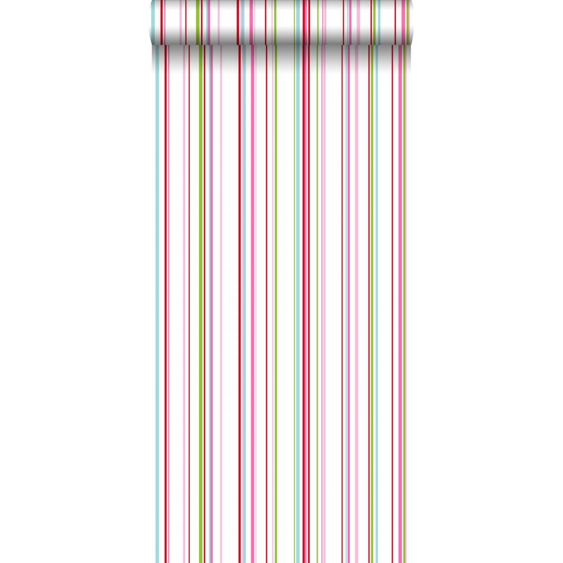 ESTAhome - ESTAhome papier peint à rayures vert citron, rose et turquoise - 115726 - 53 cm x 10,05 m - Papier peint