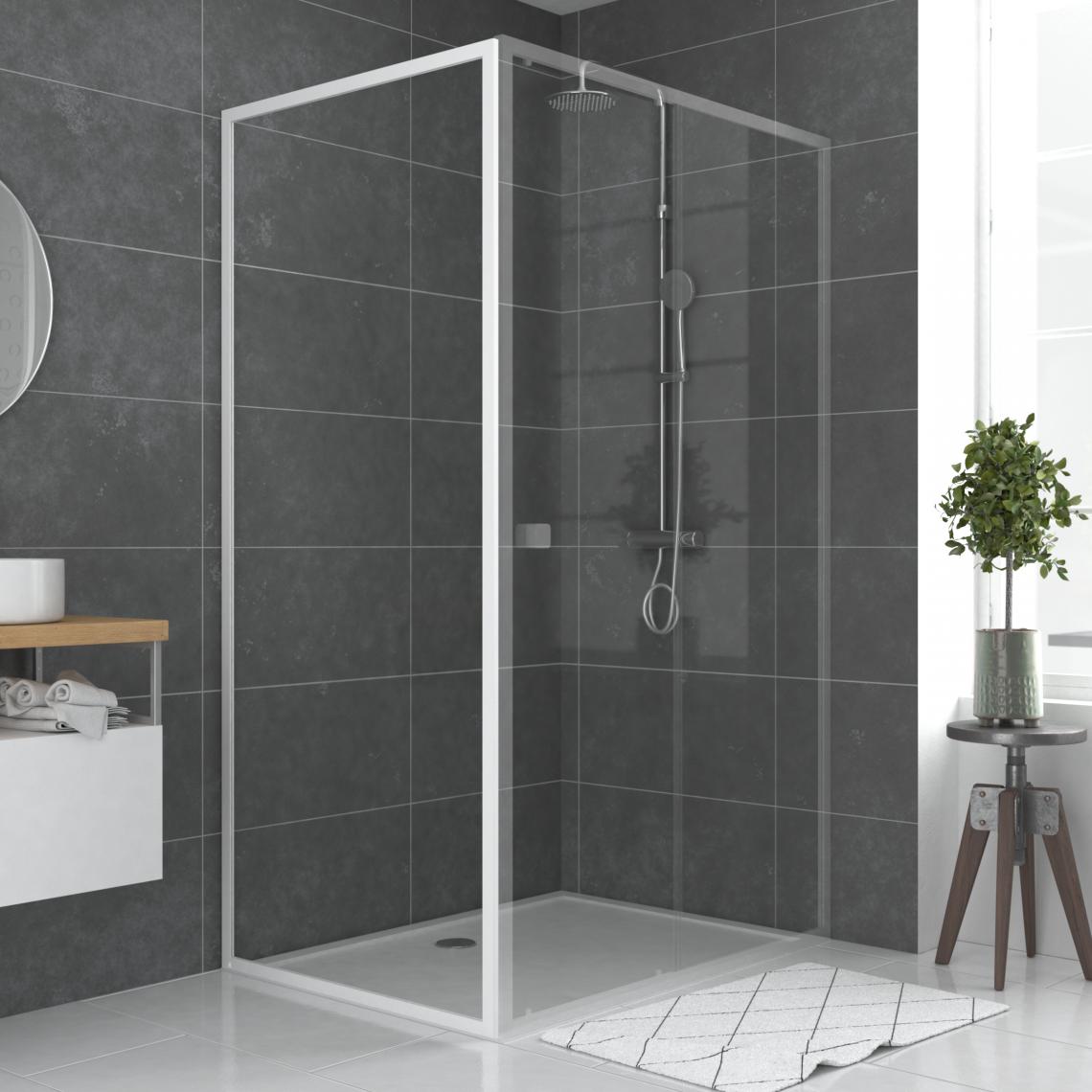 Aurlane - Paroi porte de douche blanc RETOUR 90x185cm pour porte - verre transparent 5mm - WHITY SIDE 90 - Cabine de douche