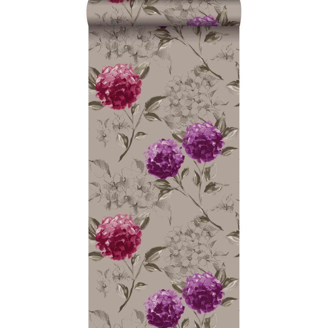 ESTAhome - ESTAhome papier peint hortensias taupe et violet aubergine - 128024 - 53 cm x 10,05 m - Papier peint