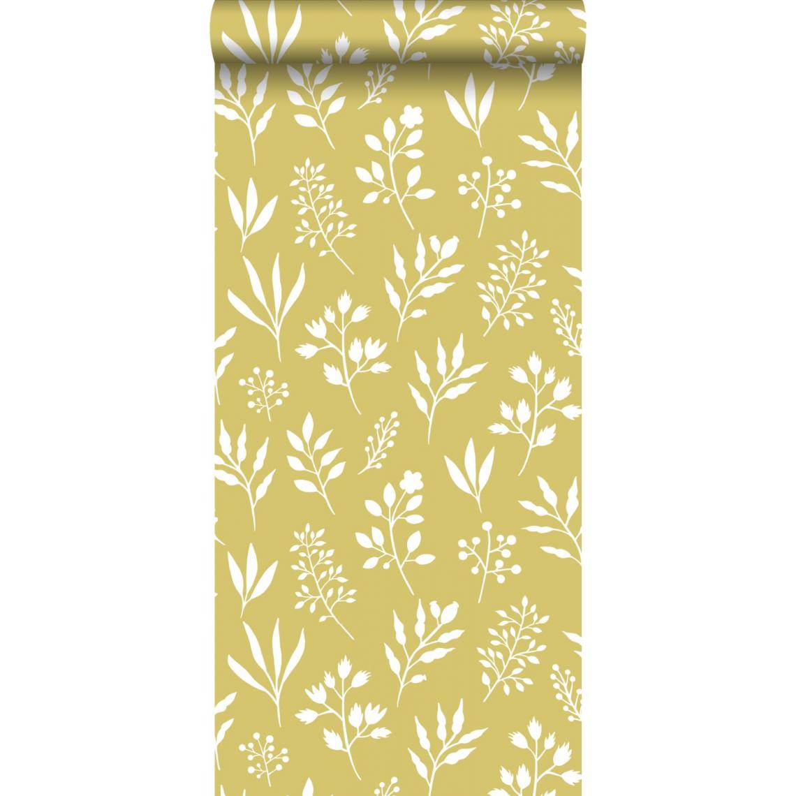 ESTAhome - ESTAhome papier peint fleurs au style scandinave jaune ocre et blanc - 139086 - 0.53 x 10.05 m - Papier peint