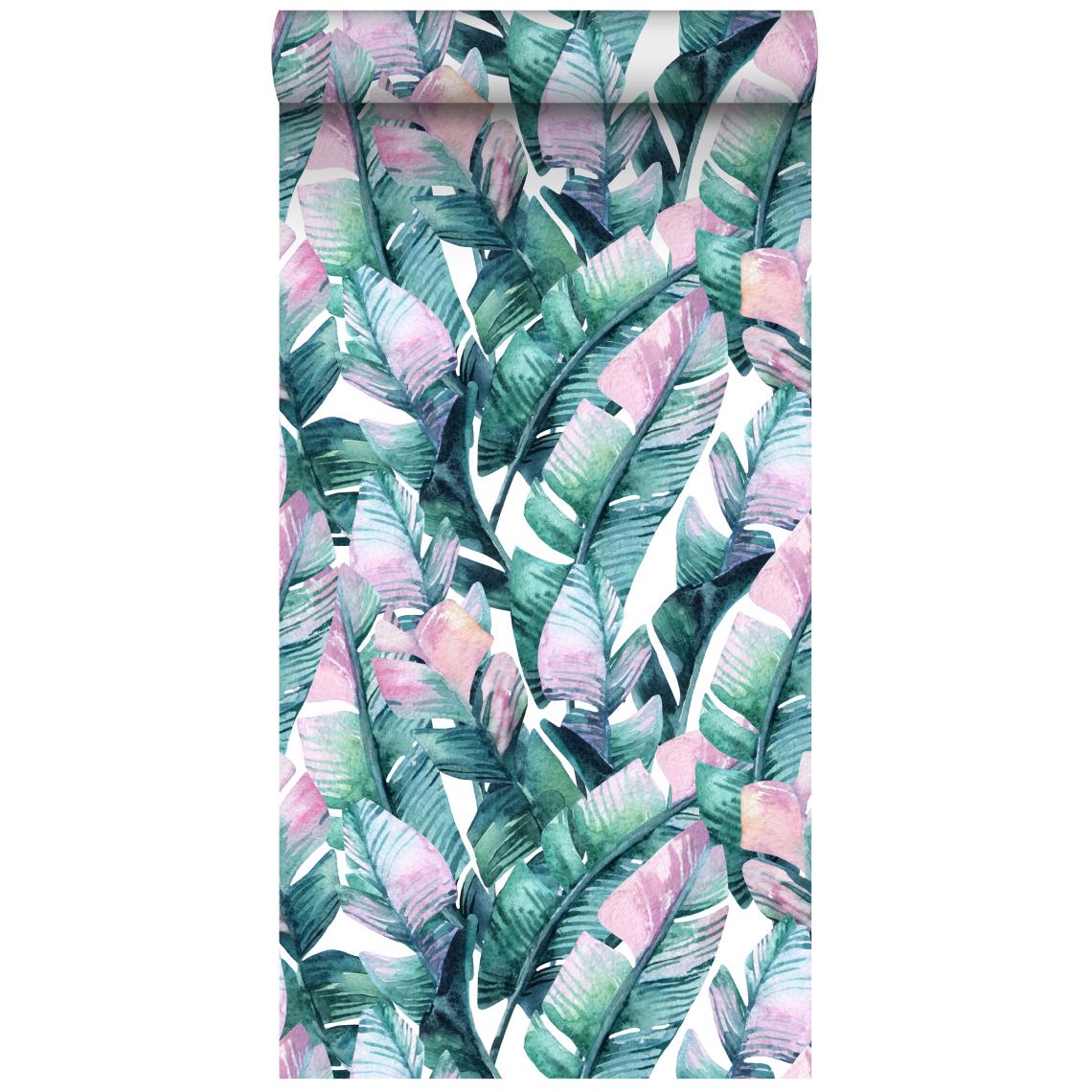 ESTAhome - ESTAhome papier peint intissé XXL feuilles de bananier turquoise et rose - 158896 - 0.465 x 8.37 m - Papier peint
