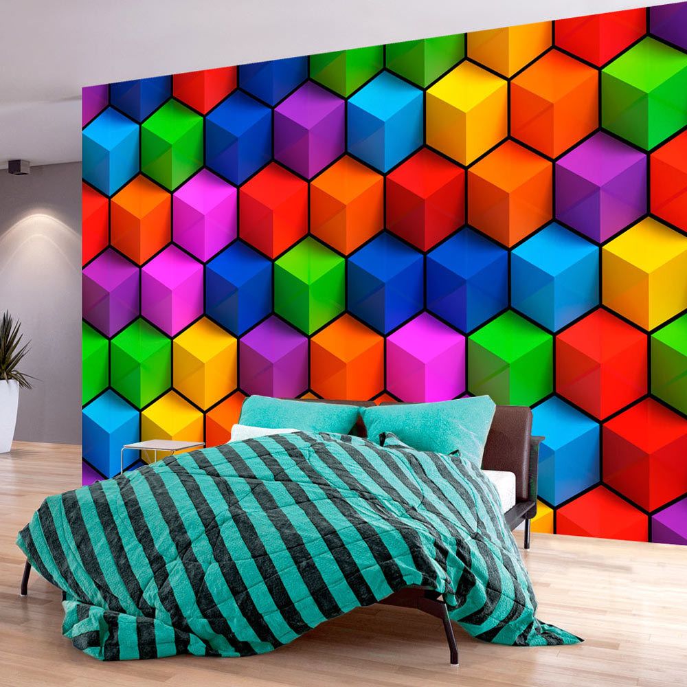 marque generique - 300x210 Papier peint 3D 3D et Perspective Contemporain Colorful Geometric Boxes - Papier peint