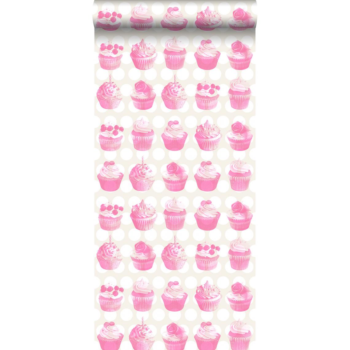 ESTAhome - ESTAhome papier peint petits gâteaux sur points brillants rose - 138723 - 53 cm x 10,05 m - Papier peint