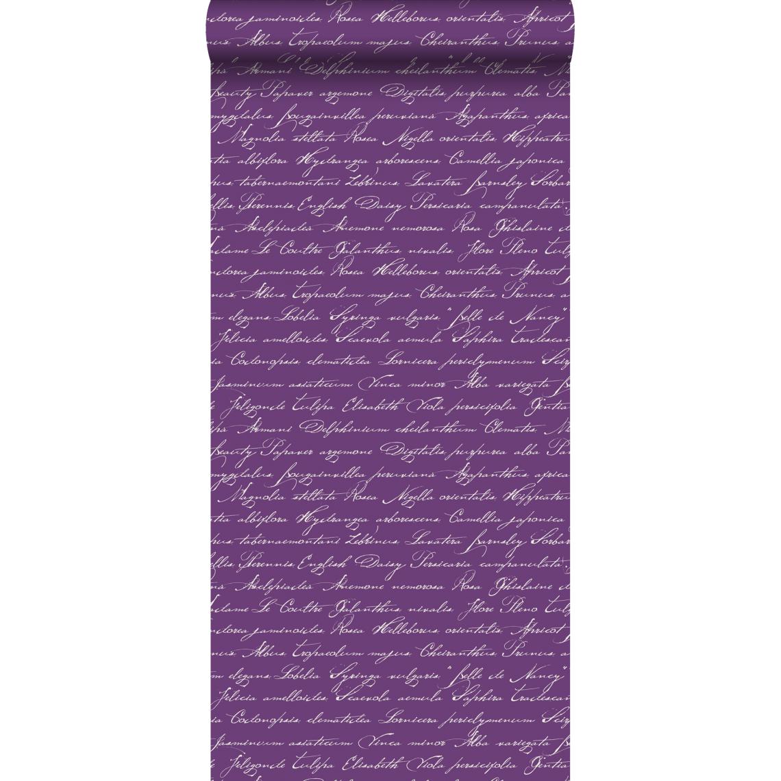 ESTAhome - ESTAhome papier peint noms de fleurs manuscrits en latin violet foncé - 128039 - 53 cm x 10,05 m - Papier peint