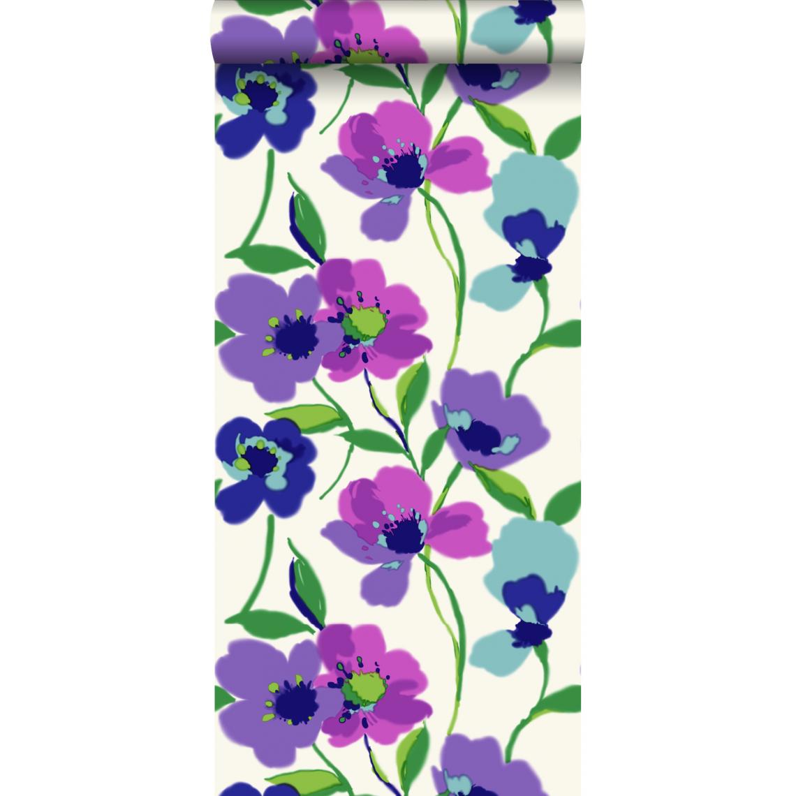 ESTAhome - ESTAhome papier peint coquelicots violet et turquoise - 128028 - 53 cm x 10,05 m - Papier peint