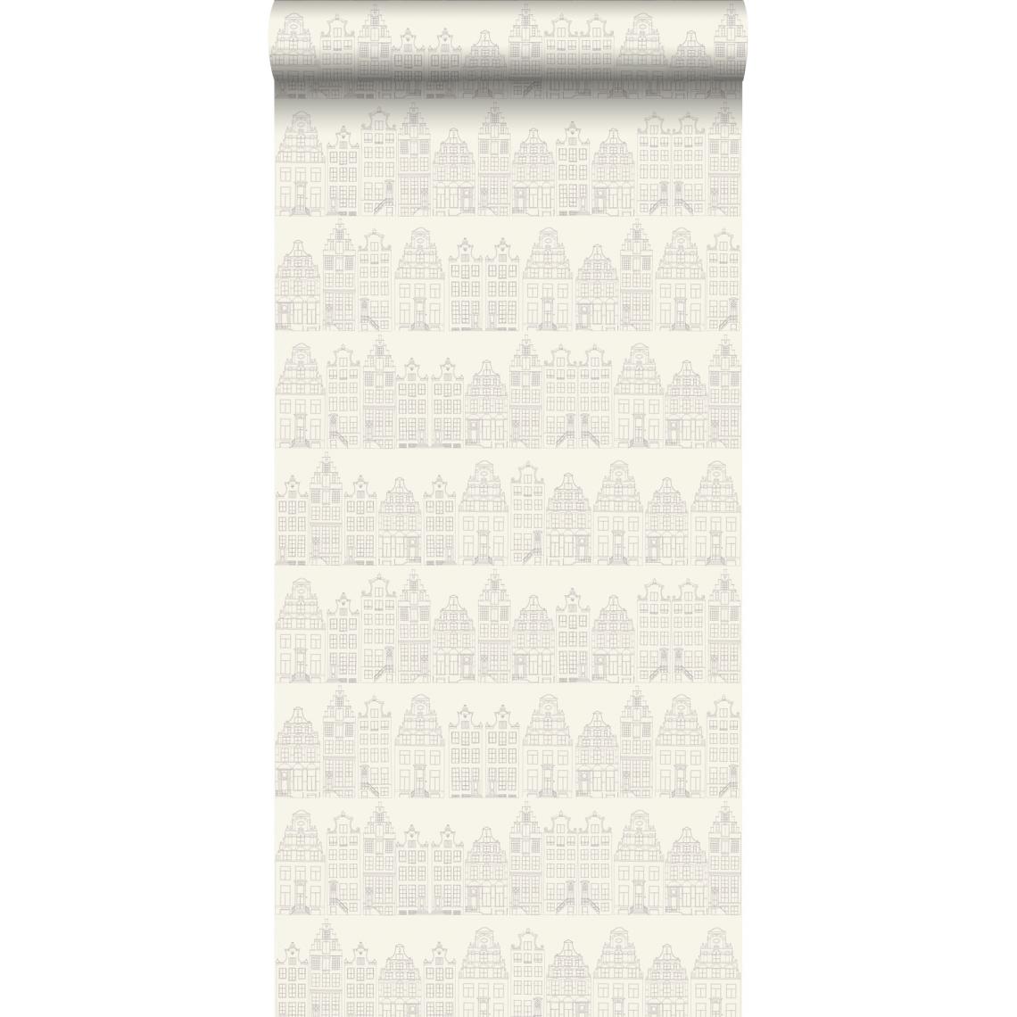 ESTAhome - ESTAhome papier peint maisons bordant les canaux d'Amsterdam argent - 137716 - 53 cm x 10,05 m - Papier peint